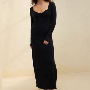 aerie Black Long Sleeve Ribbed Maxi Dress